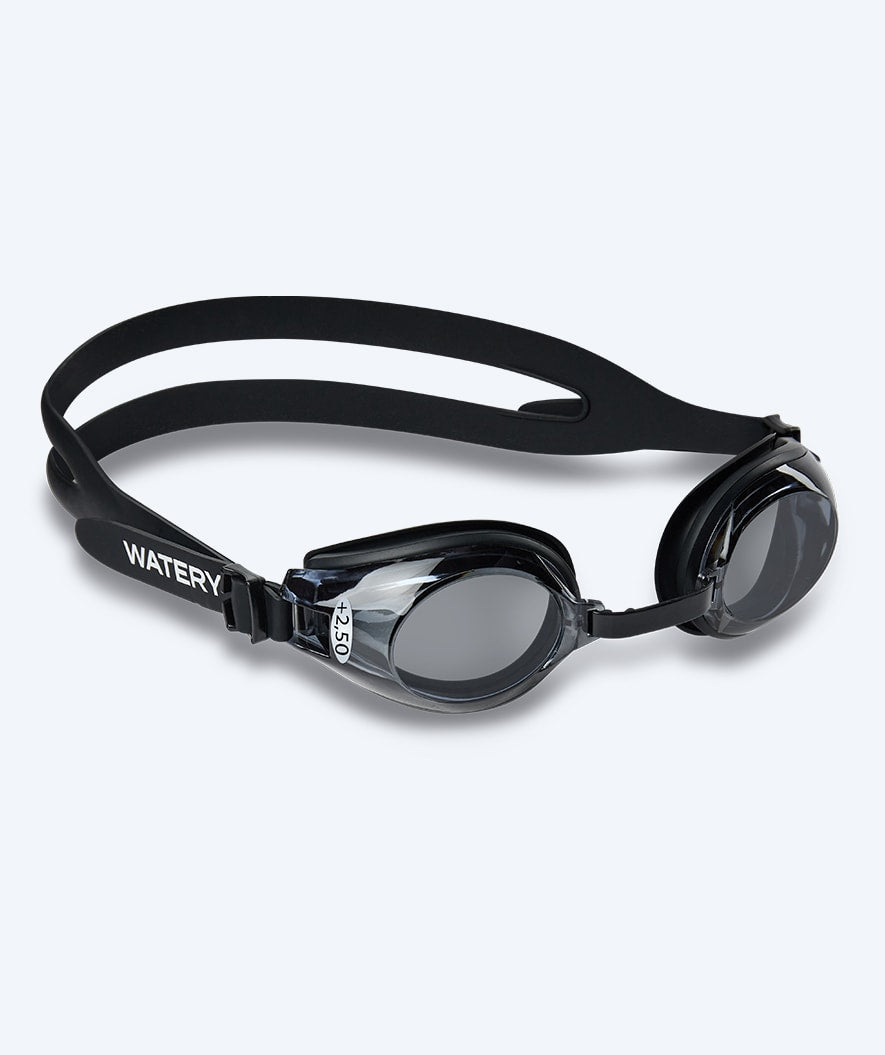 Watery langsynede svømmebriller med styrke til voksne - (+2.0) til (+4.5) - Ridley - Sort (Smoke linse)