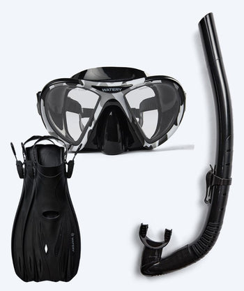 Watery snorkelsæt til voksne (fra 15 år) - Rudder Camo/Itzel/Delmere - Sort