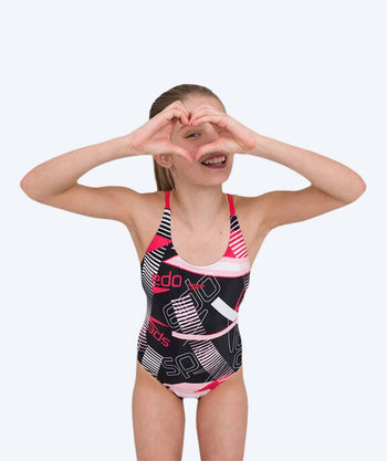 Speedo badedragt til piger - Junglespeak Allover Tieback - Sort/rød/lyserød